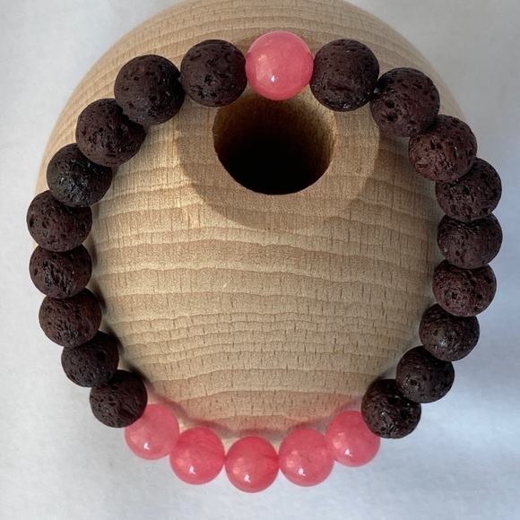 PINK Jade and Brown Lava Stone Stretch Bracelet - Picture 5 of 10